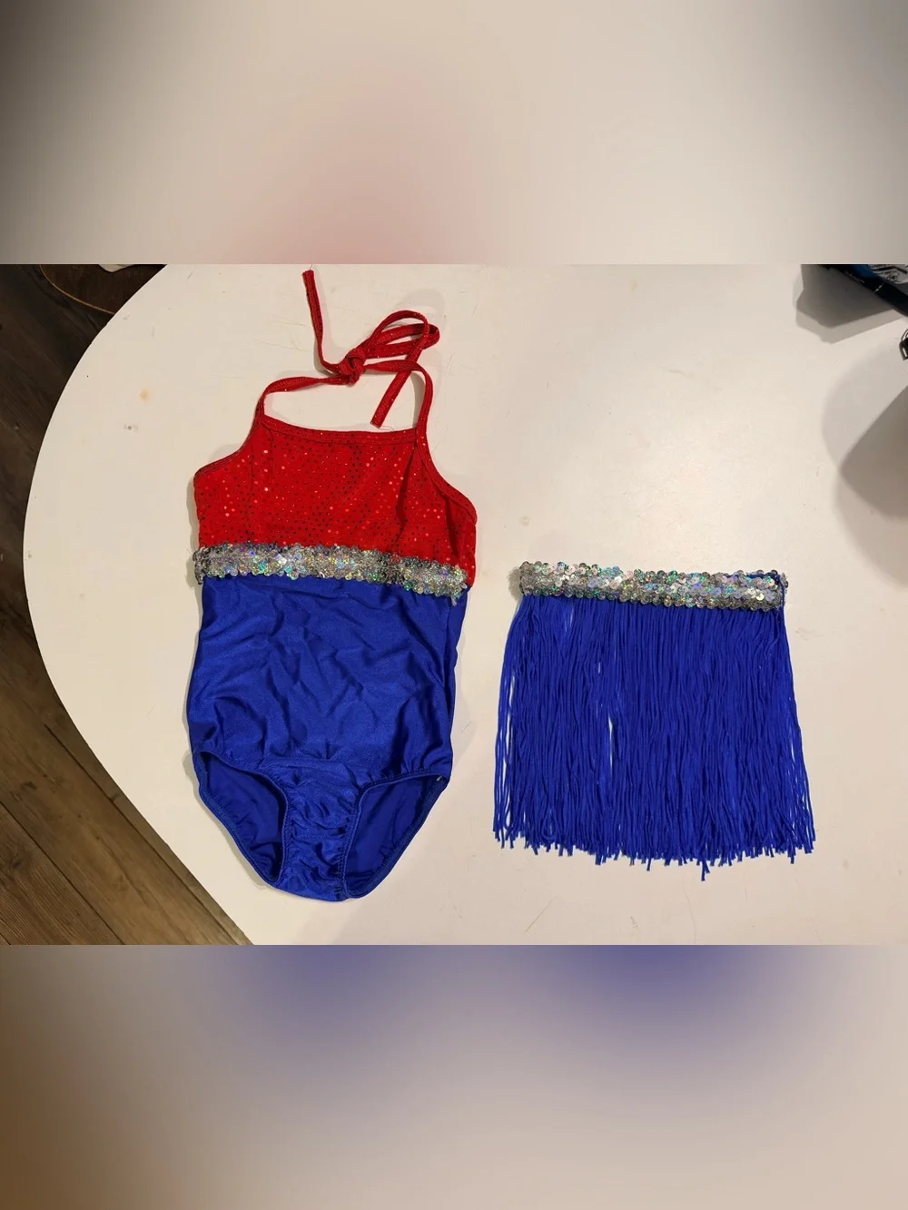 Costume Depot Girl’s XS Red Blue Sequin Dance Leotard Bodysuit Fringe Skirt Set